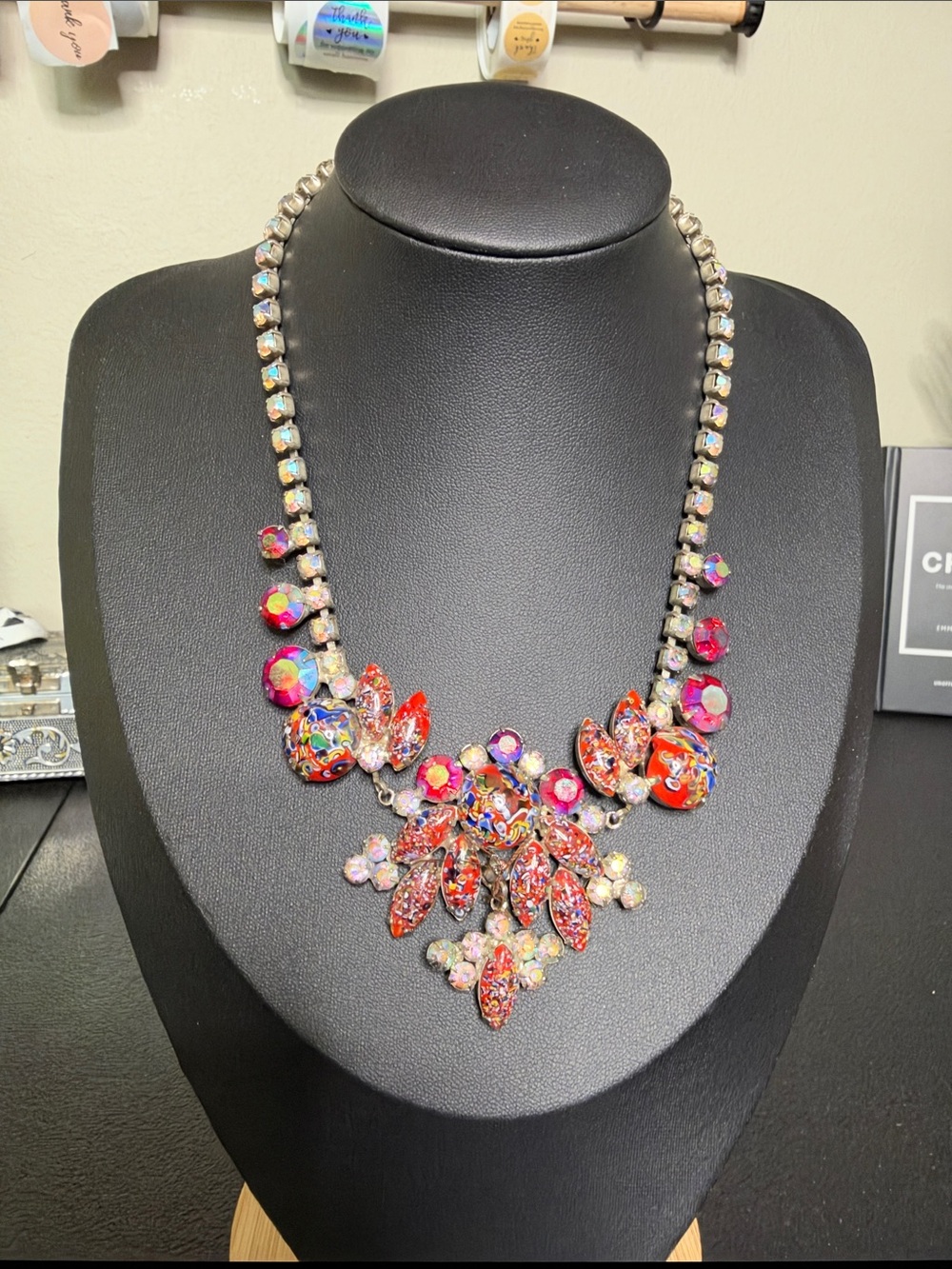 Vintage AB Colorful Crystal Statement Necklace Millefiori Red Multicolor Silver